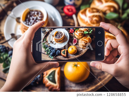 Hands holding phone to make photos of food on kitchen or restaurant table.Top view.AI Generative Hands holding phone to make photos of food on kitchen or restaurant table.Top view.AI Generative 128658855