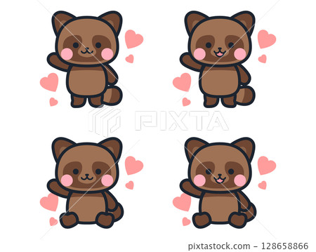 Cute mini raccoon illustration set with hearts Cute mini raccoon illustration set with hearts 128658866