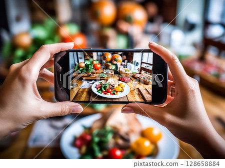 Female hands holding smartphone and making photos of food on table.Macro.AI Generative Female hands holding smartphone and making photos of food on table.Macro.AI Generative 128658884