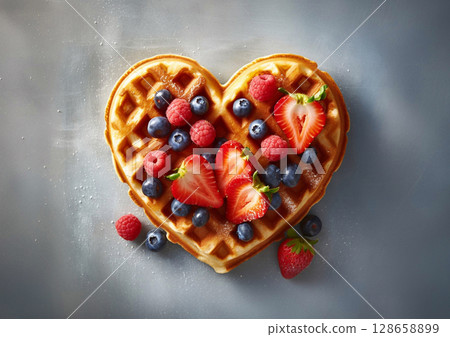 Waffle in heart shape with berries and maple syrup on grey background.Macro.AI Generative 128658899