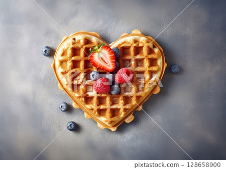 Waffle in heart shape with berries and maple syrup on grey background.Macro.AI Generative 128658900