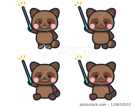 一隻拿著指針的可愛小浣熊的插圖集 128658932
