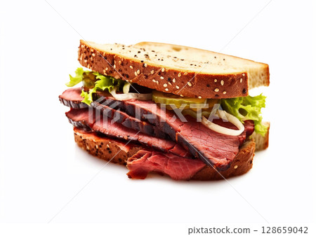 Square sandwich with roast beef,lettuce and tomato and spicy sauce on white background.AI Generative Square sandwich with roast beef,lettuce and tomato and spicy sauce on white background.AI Generative 128659042