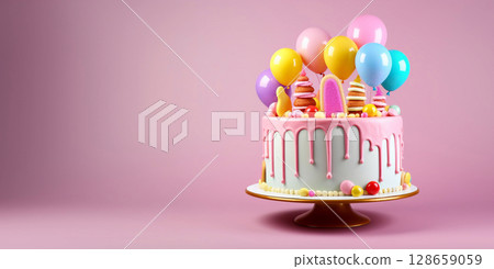 Colorful birthday cake with candies and balloons on cake stand and pink background.AI Generative. 128659059