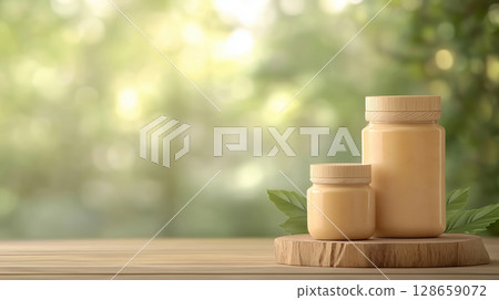 Two cosmetic jars on wooden surface with blurred greenery background for eco-friendly natural skincare design 128659072