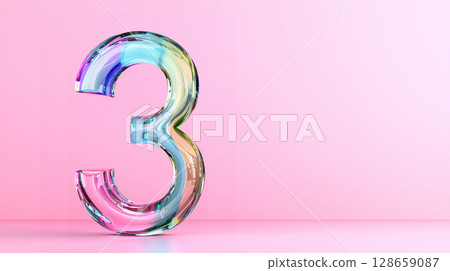 Colorful glass number three on pink pastel background for modern art and design 128659087