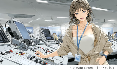 在地鐵控制室工作的一名婦女的插圖素材 128659104