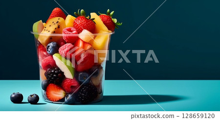 Ripe fresh berries with mango and melon in plastic cup on blue background.Macro.AI Generative. 128659120