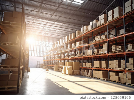 Industrial warehouse with shelves full of goods and forklift.Empty storage place.AI Generative 128659166