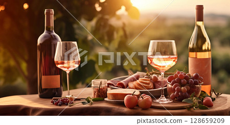 Bottles and glasses of pink rose wine with snack board on table on summer.Macro.AI Generative Bottles and glasses of pink rose wine with snack board on table on summer.Macro.AI Generative 128659209