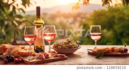 Bottle and glasses of pink rose wine with snack board on table on summer.Macro.AI Generative Bottle and glasses of pink rose wine with snack board on table on summer.Macro.AI Generative 128659210