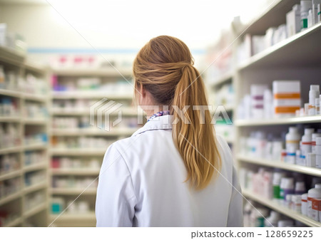 Young female pharmacist consultant at pharmacy between shelves with medicines.Macro.AI Generative 128659225