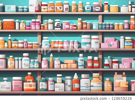 Illustration of pharmacy shelves with various medicines.Macro.AI Generative 128659226