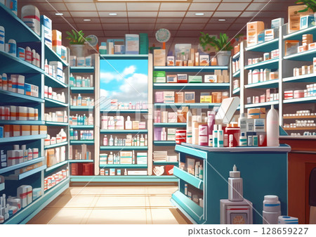 Illustration of empty drugstore pharmacy or clinic with medicine on shelves.Macro.AI Generative 128659227