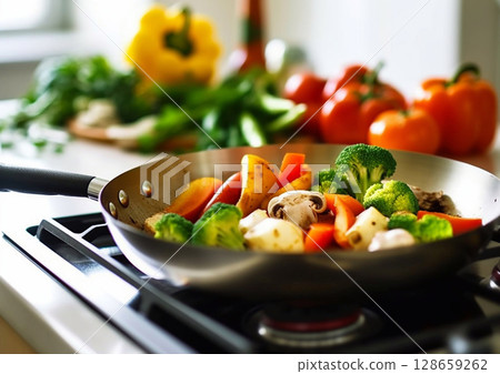 Broccoli,paprika pepper,carrots in frying pan on light kitchen background.Macro.AI Generative 128659262