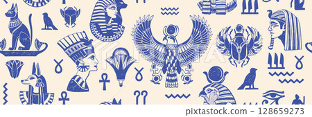 Egypt seamless pattern, vector hand drawn mythology background, ancient civilization texture print. Egypt seamless pattern, vector hand drawn mythology background, ancient civilization texture print. 128659273