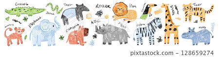 Kids doodle animal set, hand drawn naive Africa wildlife scribble, kindergarten pencil illustration. 128659274