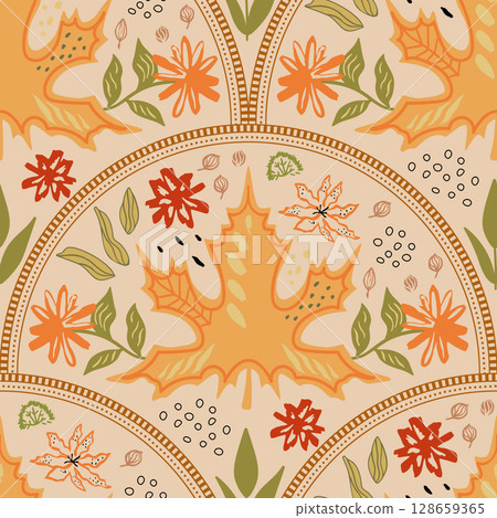 Autumn maple leaf seamless pattern in damask ornament. Vector fall bouquet, flowers, spots background 128659365