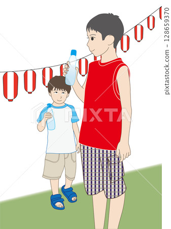 Brothers drinking Ramune at summer festival Brothers drinking Ramune at summer festival 128659370