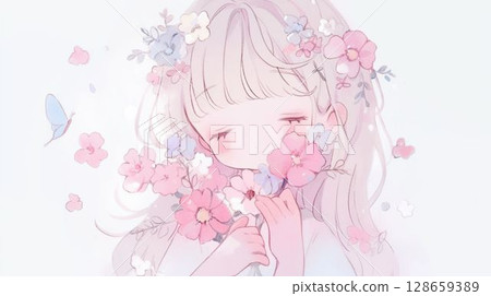 A girl and a butterfly sleeping surrounded by flowers 128659389