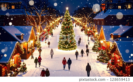 雪夜裡，聖誕彩燈亮燈的繁華城市鳥瞰圖 128659413