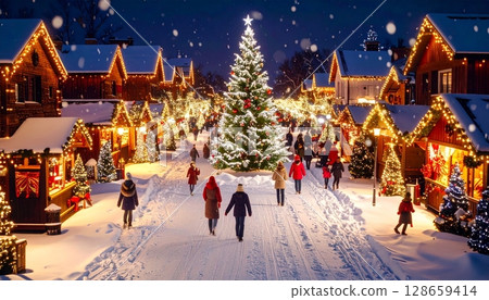 雪夜裡，聖誕彩燈亮燈的繁華城市鳥瞰圖 128659414