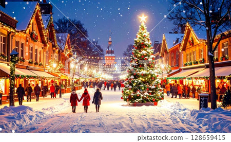 An aerial view of a bustling city illuminated with Christmas lights on a snowy night 128659415