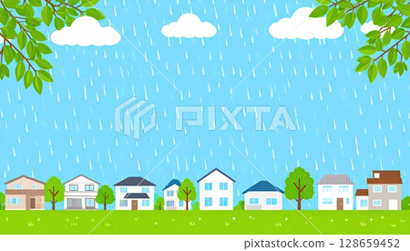 AI 影像：雨中的住宅區插圖 128659452