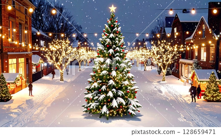 雪夜中聖誕彩燈照亮的城市鳥瞰圖 128659471