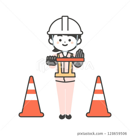 A three-dimensional illustration of a female worker wearing a helmet holding a guide stick and urging people to stop 128659506