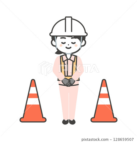 A three-dimensional illustration of a woman wearing a helmet and bowing 128659507