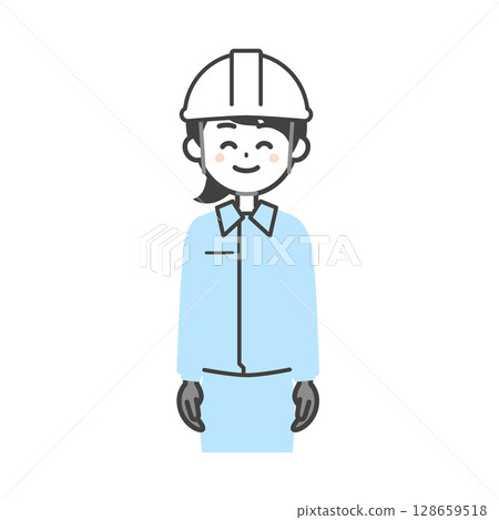一位身穿工作服、戴著頭盔的微笑女性的插圖 128659518