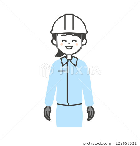 Illustration of a smiling woman wearing work clothes and a helmet Illustration of a smiling woman wearing work clothes and a helmet 128659521