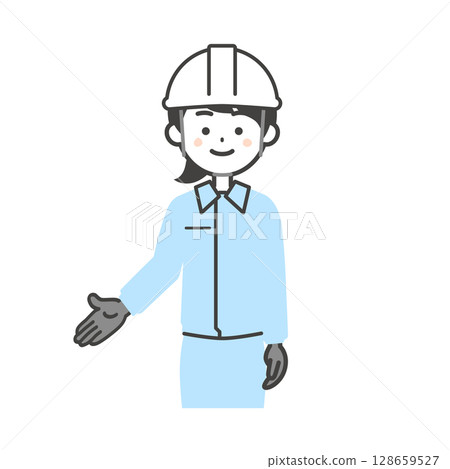 Illustration of a woman wearing work clothes and a helmet pointing downwards 128659527