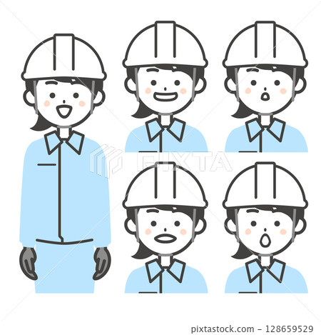 圖：一名身穿工作服、戴著頭盔、嘴巴形像日字母的女性 128659529