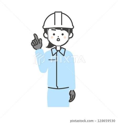 圖:一名身穿工作服、頭戴頭盔、表情嚴肅、手指向上的女子 圖:一名身穿工作服、頭戴頭盔、表情嚴肅、手指向上的女子 128659530