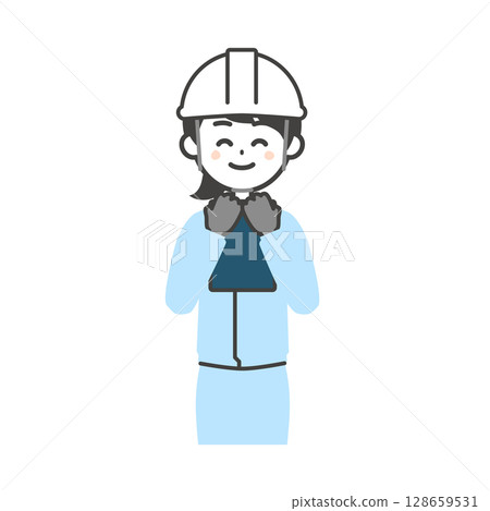 Illustration of a woman wearing work clothes and a helmet holding documents 128659531