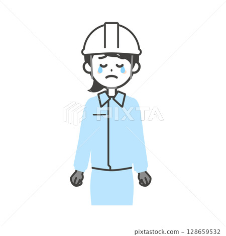 Illustration of a woman wearing work clothes and a helmet shedding tears Illustration of a woman wearing work clothes and a helmet shedding tears 128659532