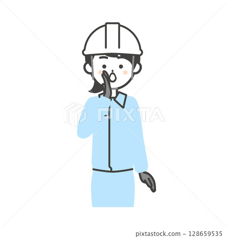 一名身穿工作服、頭戴頭盔、用一隻手摀住嘴巴打電話的婦女的插圖 128659535