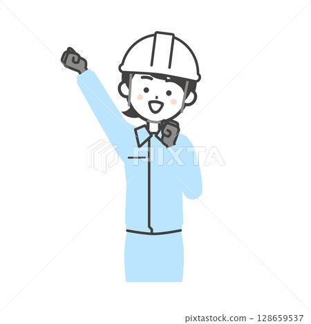 Illustration of a woman wearing work clothes and a helmet making a fist pump Illustration of a woman wearing work clothes and a helmet making a fist pump 128659537