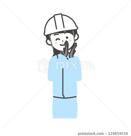 一名身穿工作服、戴著頭盔的女性一邊眨眼一邊鼓掌的插圖 一名身穿工作服、戴著頭盔的女性一邊眨眼一邊鼓掌的插圖 128659538