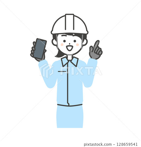 Illustration of a woman wearing work clothes and a helmet holding a smartphone and pointing up Illustration of a woman wearing work clothes and a helmet holding a smartphone and pointing up 128659541