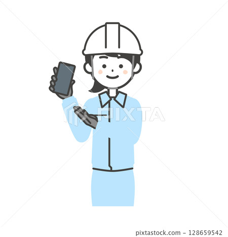 Illustration of a woman wearing work clothes and a helmet pointing at a smartphone 128659542