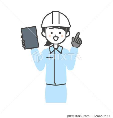 圖：一位身穿工作服、頭戴頭盔的女士手持平板電腦並指向上方 128659545