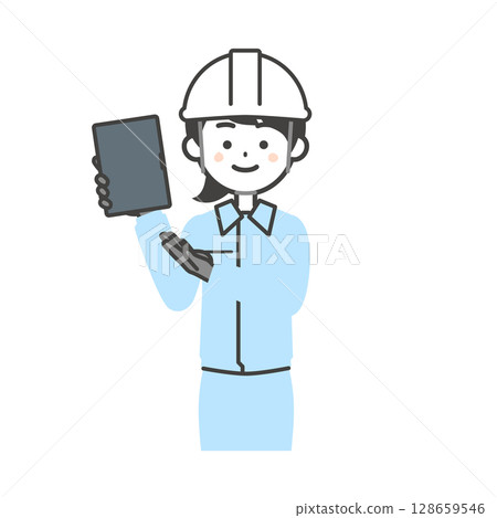Illustration of a woman wearing work clothes and a helmet pointing at a tablet in her hand 128659546