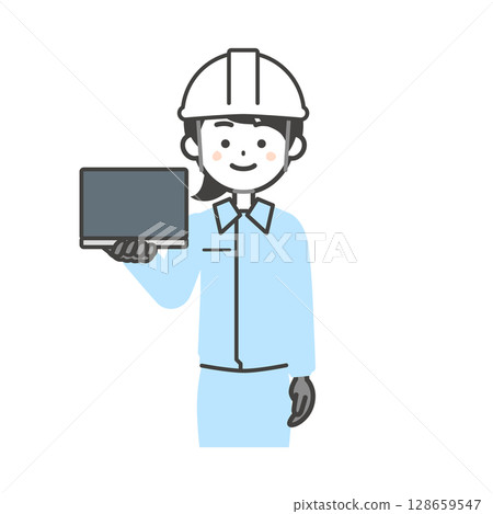 身穿工作服、頭戴頭盔、手持筆記型電腦的女子的插圖 128659547