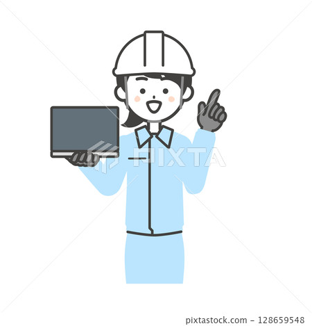 Illustration of a woman wearing work clothes and a helmet holding a laptop and pointing up 128659548