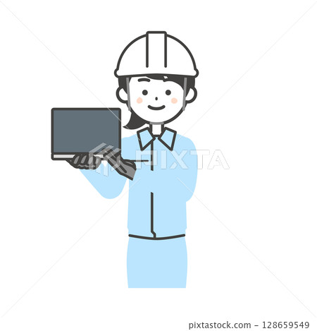 Illustration of a woman wearing work clothes and a helmet pointing at a laptop computer 128659549