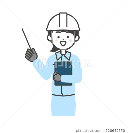 Illustration of a woman wearing work clothes and a helmet pointing at a document with a pointer Illustration of a woman wearing work clothes and a helmet pointing at a document with a pointer 128659550