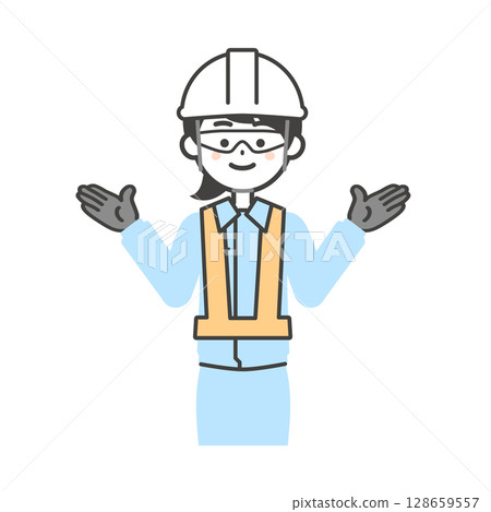 Illustration of a woman wearing goggles, gloves, a helmet, a safety vest and work clothes 128659557